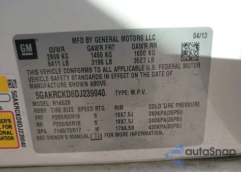 2013 Buick Enclave Leather из США, поврежденный, VIN 5GAKRCKD8DJ239040